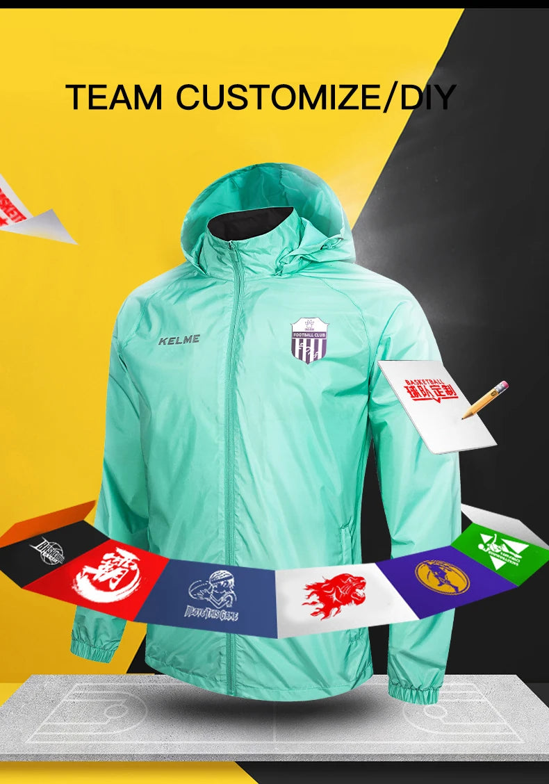 KELME Men's Windbreaker Running Jacket Soccer Kid Hooded Windproof Coat Training Waterproof Jacket Quick Dry 3801241