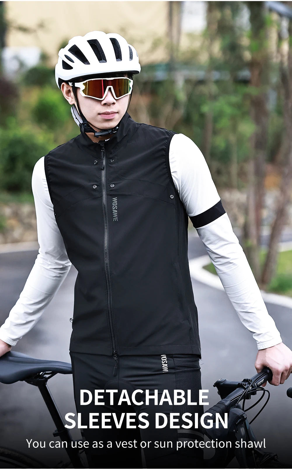 WOSAWE Windproof Waterproof Ultralight Cycling Jacket MTB Bicycle Long Sleeve Windbreaker Detachable Sleeveless Bike Coat