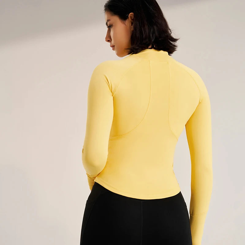 Women's Sport Jackets Zipper Slim Yoga Coat Quick Dry Running Jacket Elastic Long Sleeve Thumb Hole Gym Fitness Top