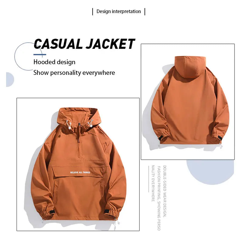 New Men Spring Autumn Waterproof Casual Versatile Top Japanese Korean Streetwear Fashion Loose Pullover Half Zip Hooded Jacket