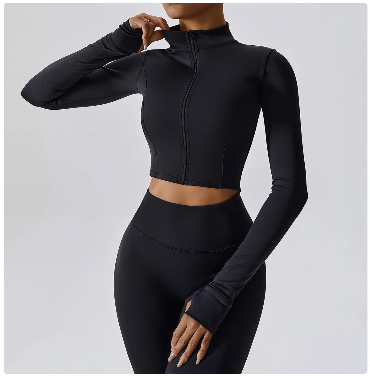 Women Zip Yoga Jacket Outdoor Running Sports Jacket Gym Push Up Fitness Long Sleeved Jacket Quick Drying Thumb Button Yoga Top