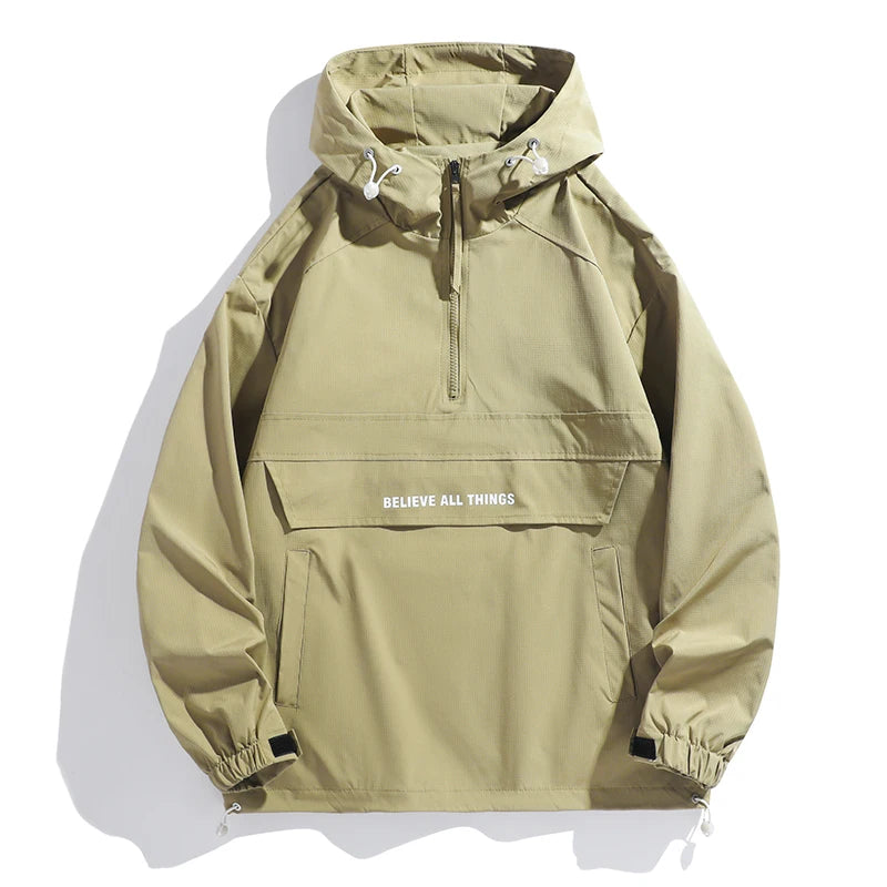 New Men Spring Autumn Waterproof Casual Versatile Top Japanese Korean Streetwear Fashion Loose Pullover Half Zip Hooded Jacket