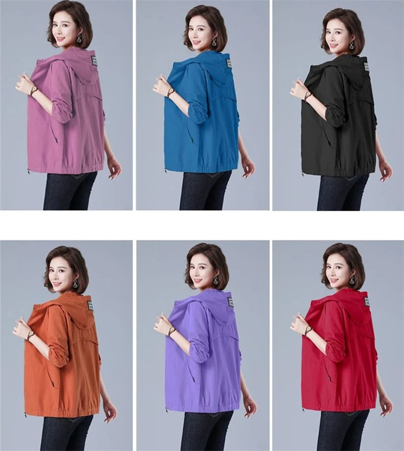 Women’s Jacket 2023 New Autumn Long Sleeve Casual Windbreaker Famale Hooded Pocket Zipper Bomber Jacket Loose Outerwear 6XL