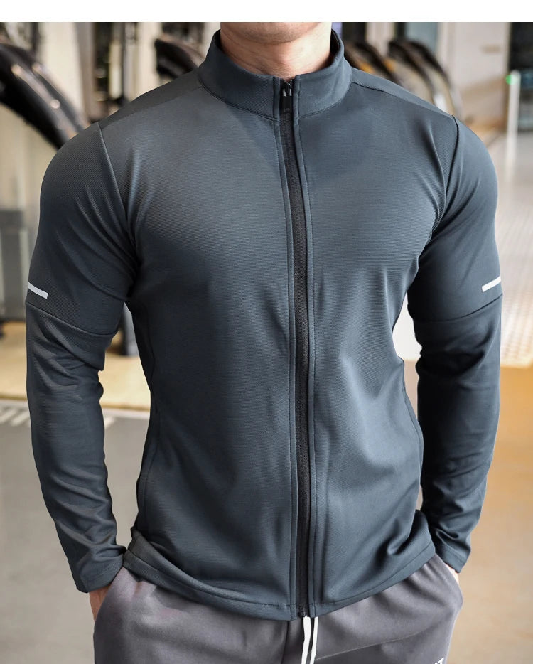 Men's Sports Fitness Casual Tops Long Sleeve Stand Up Collar Solid Colour Jacket Jogging Workout Sweatshirt with Zip Running