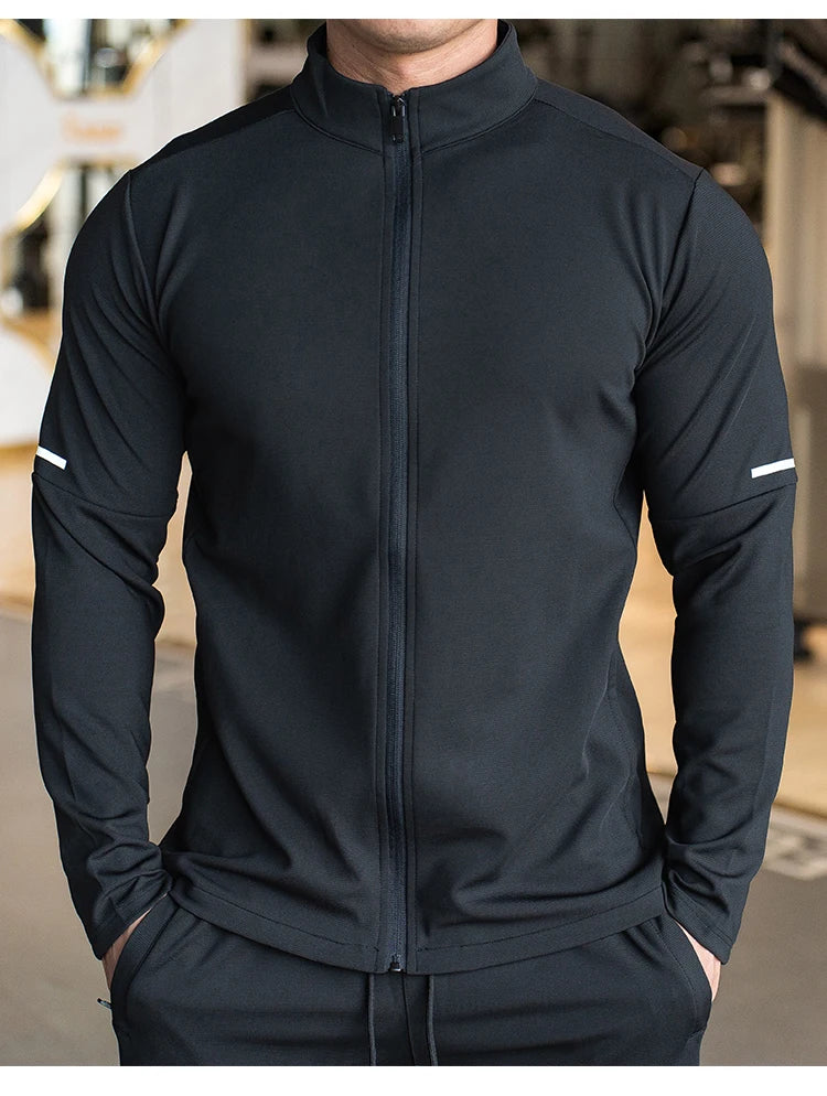 Men's Sports Fitness Casual Tops Long Sleeve Stand Up Collar Solid Colour Jacket Jogging Workout Sweatshirt with Zip Running