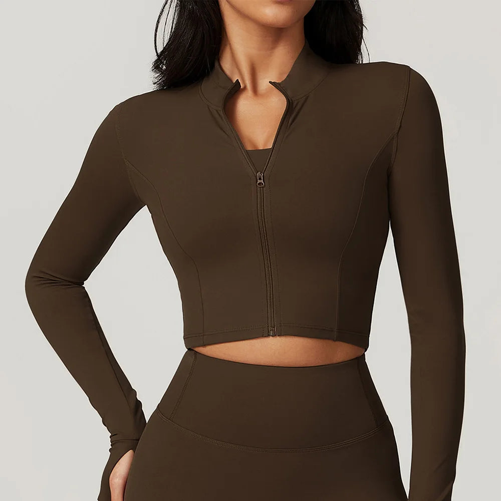 Women Zip Yoga Jacket Outdoor Running Sports Jacket Gym Push Up Fitness Long Sleeved Jacket Quick Drying Thumb Button Yoga Top