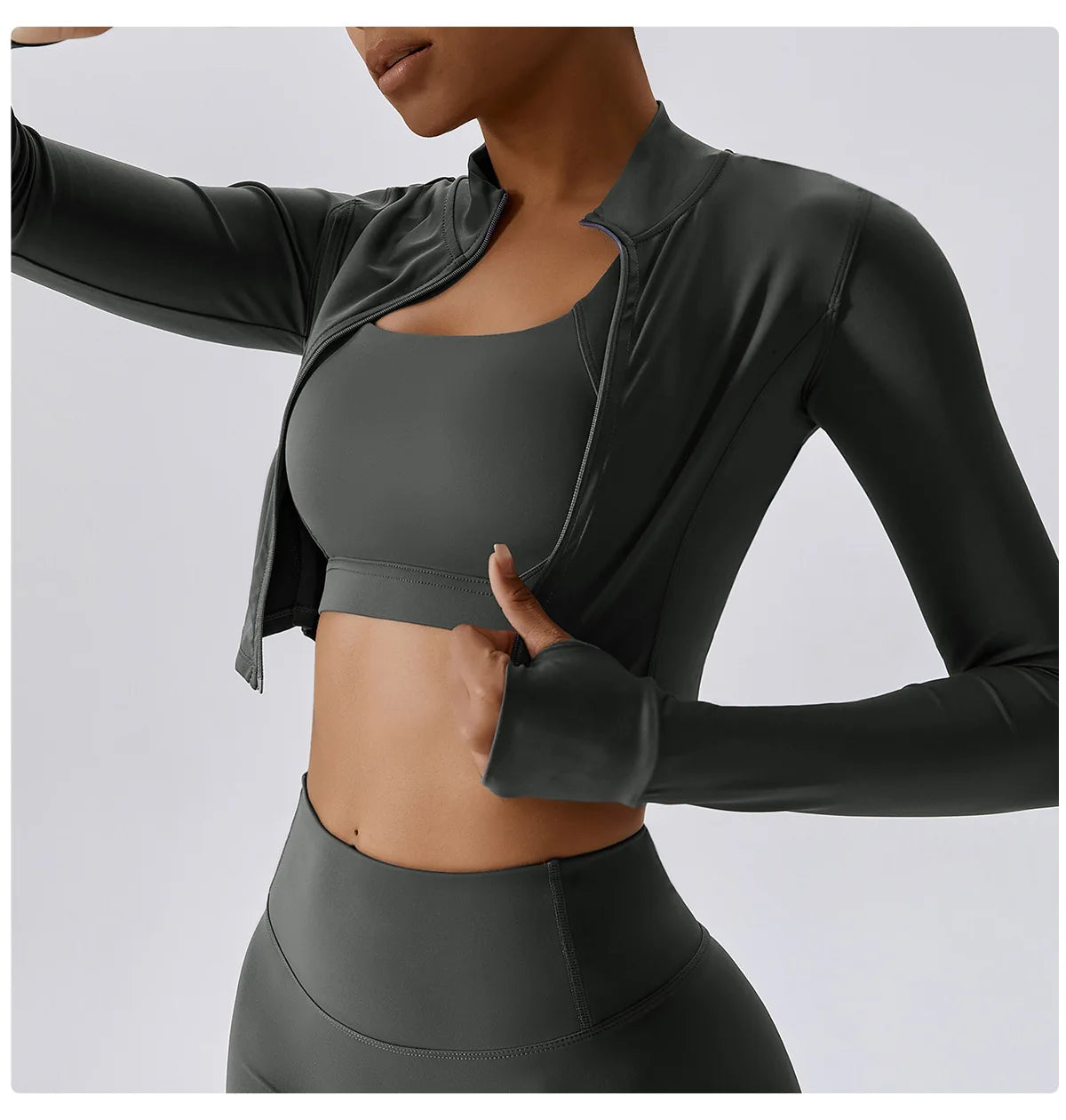 Women Zip Yoga Jacket Outdoor Running Sports Jacket Gym Push Up Fitness Long Sleeved Jacket Quick Drying Thumb Button Yoga Top