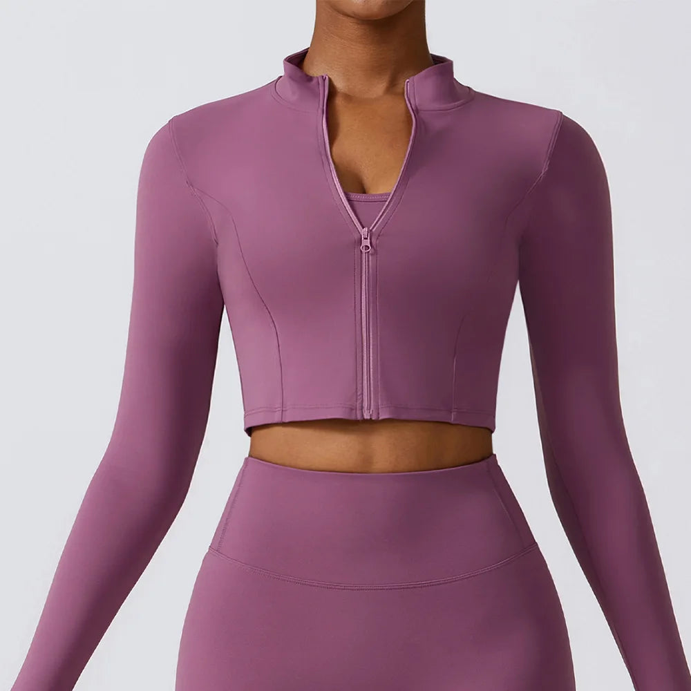 Women Zip Yoga Jacket Outdoor Running Sports Jacket Gym Push Up Fitness Long Sleeved Jacket Quick Drying Thumb Button Yoga Top