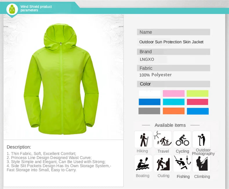 JNLN Camping Rain Jacket Men Women Waterproof Sun Protection Clothing Fishing Hunting Clothes Quick Dry Windbreaker With Pocket