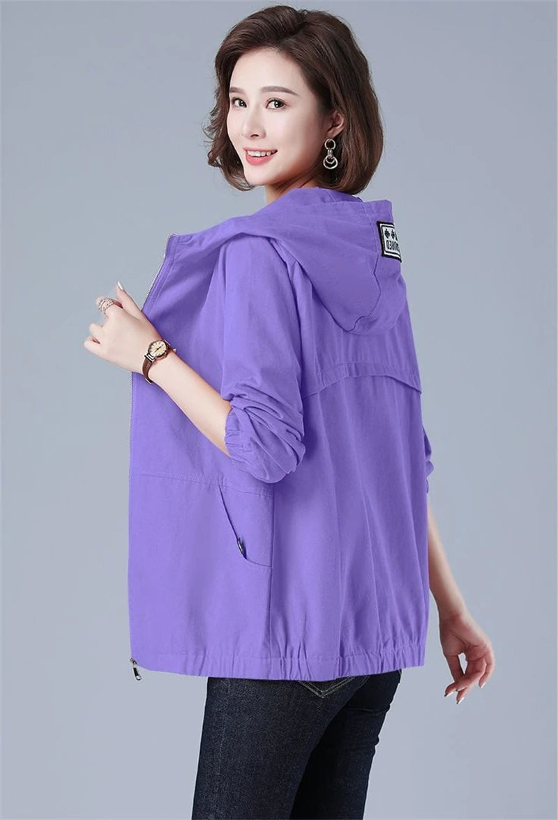 Women’s Jacket 2023 New Autumn Long Sleeve Casual Windbreaker Famale Hooded Pocket Zipper Bomber Jacket Loose Outerwear 6XL