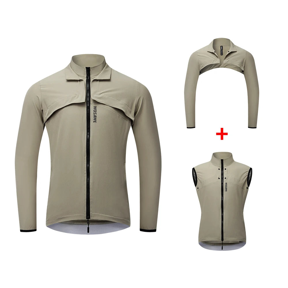 WOSAWE Windproof Waterproof Ultralight Cycling Jacket MTB Bicycle Long Sleeve Windbreaker Detachable Sleeveless Bike Coat