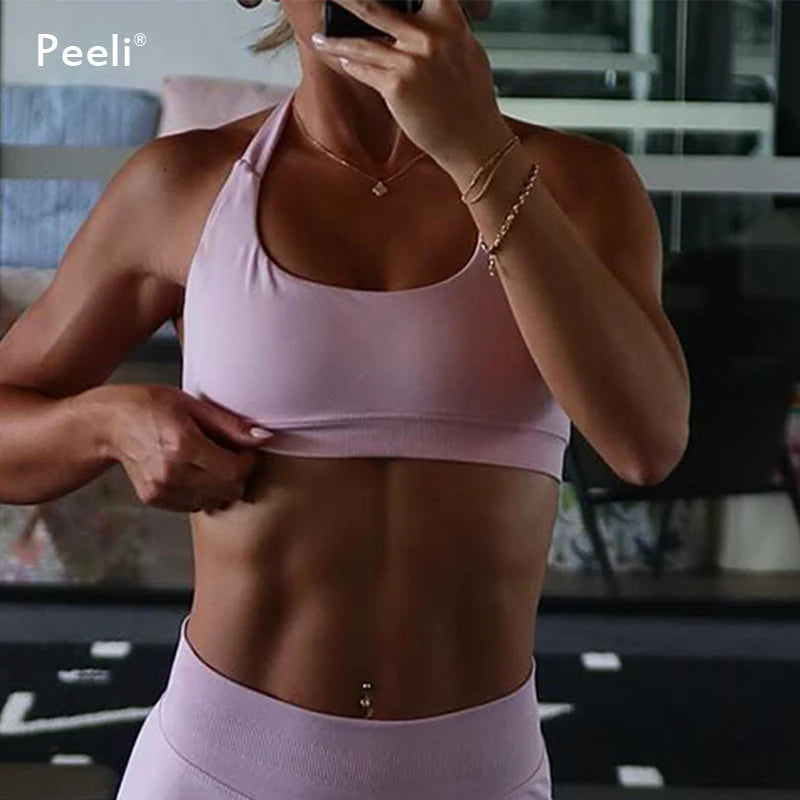 High Support Sports Bra Women Halter Seamless Yoga Bra Padded Backless Sports Bras Gym Crop Top Push Up Workout Yoga Tops Woman