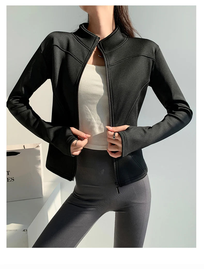 slim fit long sleeves jacket full-zipper fleece warm winter thick coat outer wear women gym fitness yoga tops