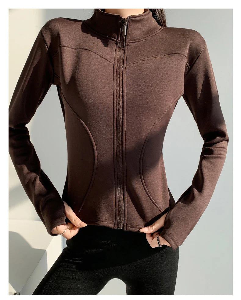 slim fit long sleeves jacket full-zipper fleece warm winter thick coat outer wear women gym fitness yoga tops