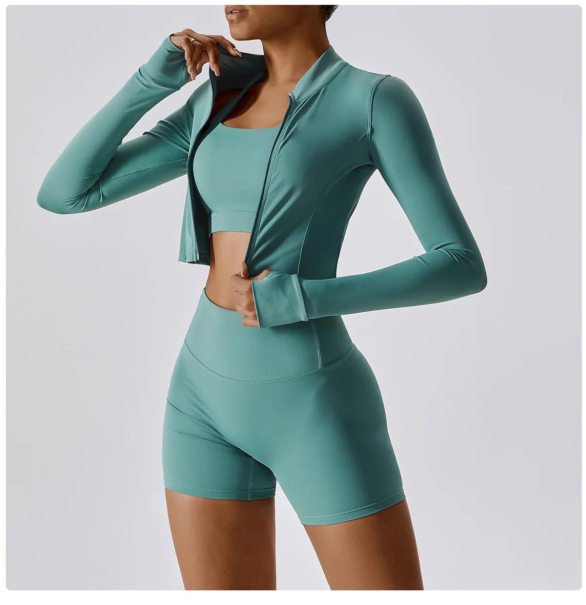 Women Zip Yoga Jacket Outdoor Running Sports Jacket Gym Push Up Fitness Long Sleeved Jacket Quick Drying Thumb Button Yoga Top