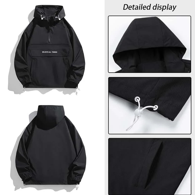 New Men Spring Autumn Waterproof Casual Versatile Top Japanese Korean Streetwear Fashion Loose Pullover Half Zip Hooded Jacket