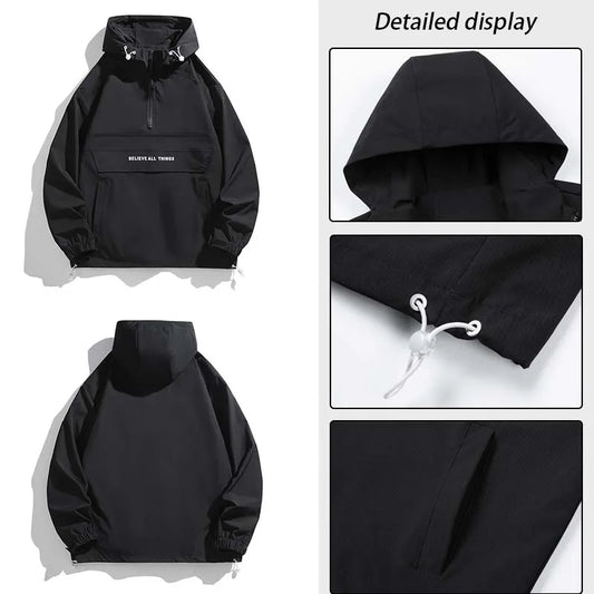 New Men Spring Autumn Waterproof Casual Versatile Top Japanese Korean Streetwear Fashion Loose Pullover Half Zip Hooded Jacket