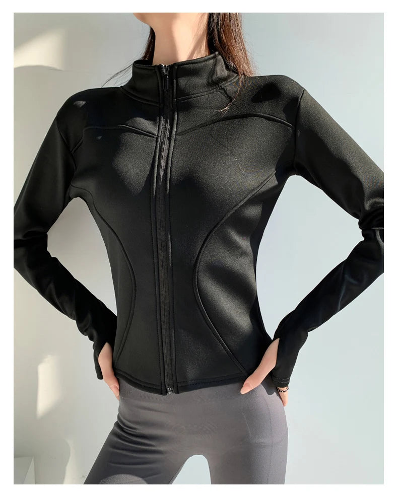 slim fit long sleeves jacket full-zipper fleece warm winter thick coat outer wear women gym fitness yoga tops