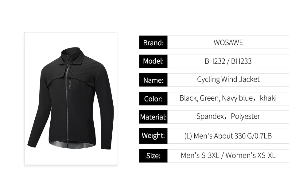 WOSAWE Windproof Waterproof Ultralight Cycling Jacket MTB Bicycle Long Sleeve Windbreaker Detachable Sleeveless Bike Coat