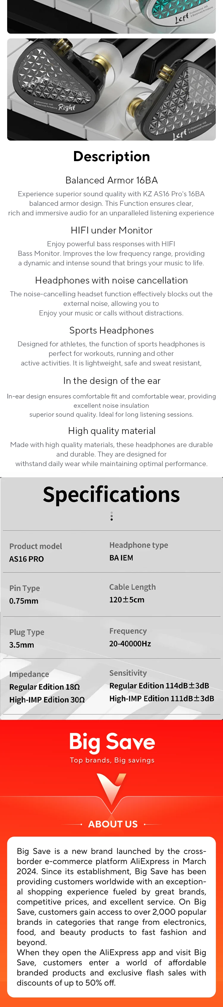 KZ AS16 Pro In Ear Earphones 16BA Balanced Armature HIFI Bass Monitor Headphones Noise Cancelling Earbuds Sport Headset