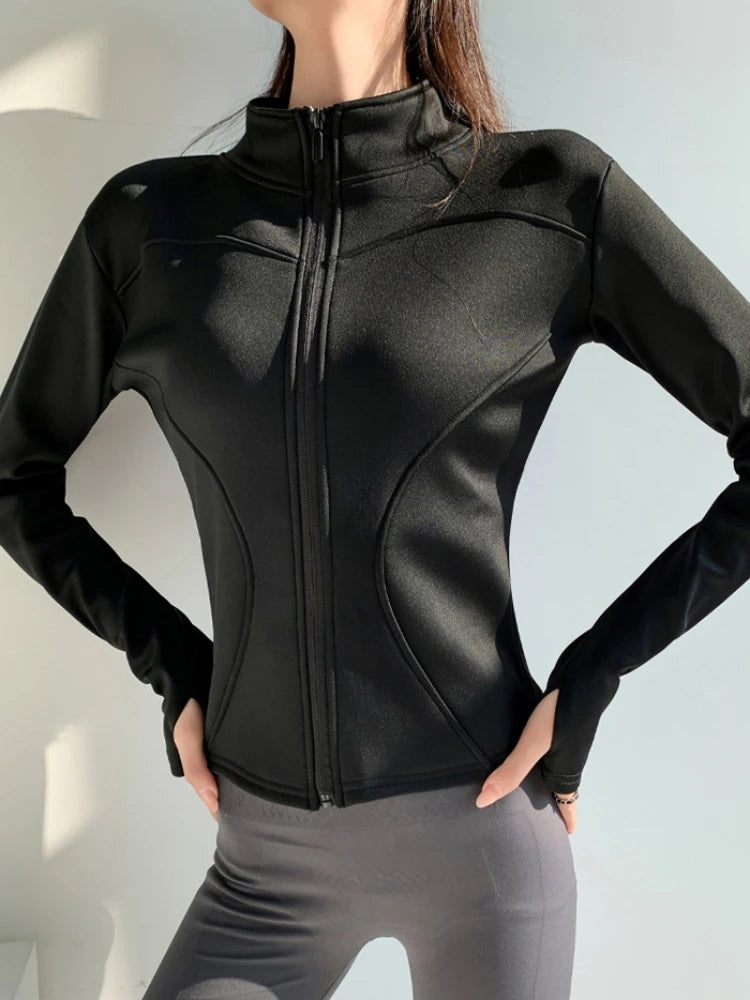 slim fit long sleeves jacket full-zipper fleece warm winter thick coat outer wear women gym fitness yoga tops