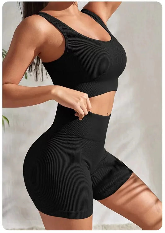 Seamless Ribbed Yoga Set with Crop Top and Shorts
