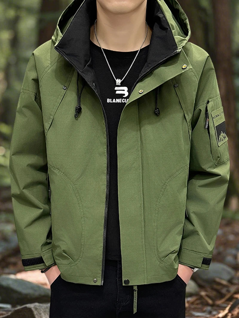 Waterproof Camping Jacket Men Outdoor Softshell Zip Up Hooded Cargo Jacket Man Windbreaker Hiking Coat Lightweight Spring Autumn