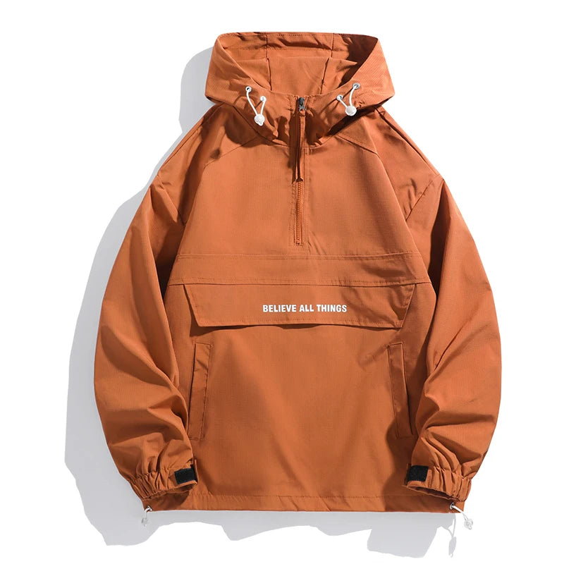 New Men Spring Autumn Waterproof Casual Versatile Top Japanese Korean Streetwear Fashion Loose Pullover Half Zip Hooded Jacket