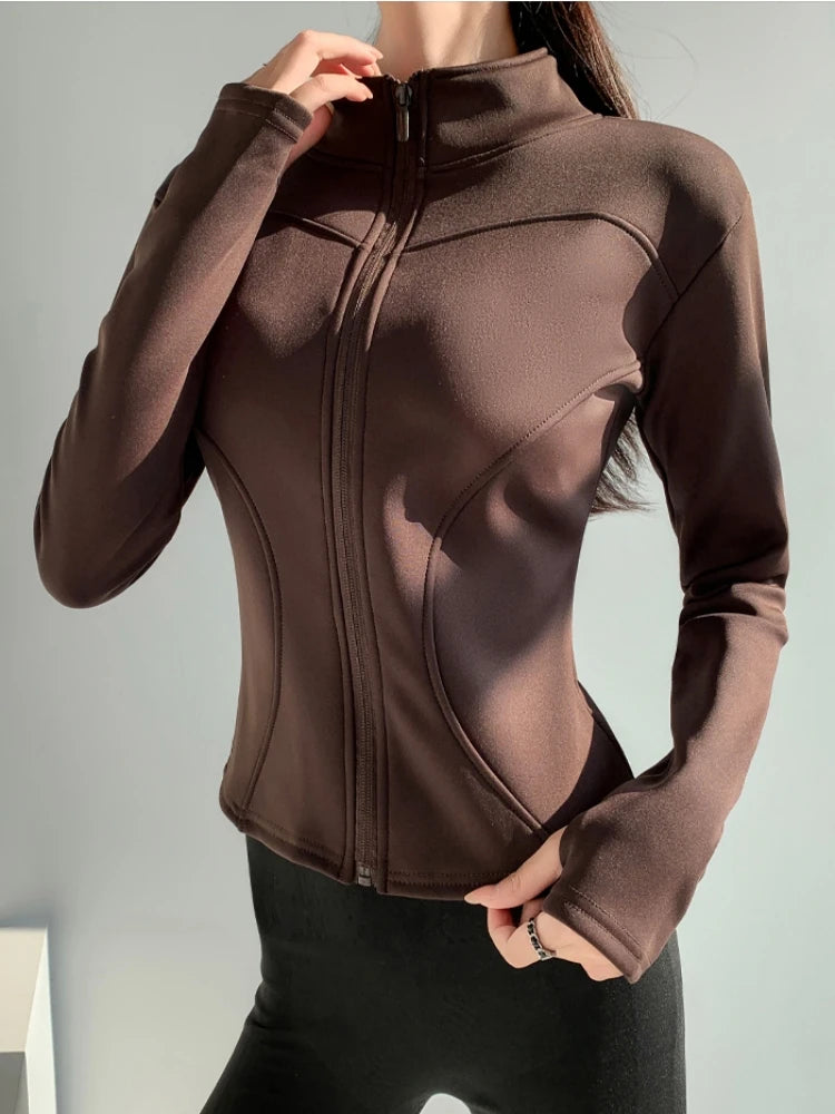 slim fit long sleeves jacket full-zipper fleece warm winter thick coat outer wear women gym fitness yoga tops