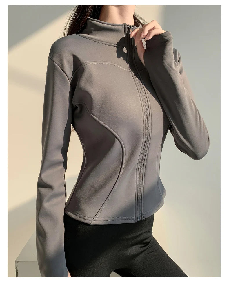 slim fit long sleeves jacket full-zipper fleece warm winter thick coat outer wear women gym fitness yoga tops