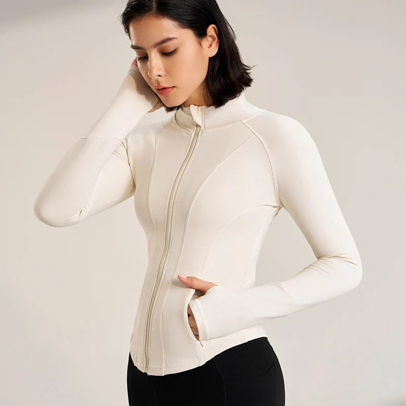Women's Sport Jackets Zipper Slim Yoga Coat Quick Dry Running Jacket Elastic Long Sleeve Thumb Hole Gym Fitness Top