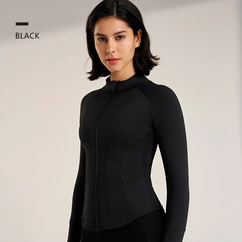 Women's Sport Jackets Zipper Slim Yoga Coat Quick Dry Running Jacket Elastic Long Sleeve Thumb Hole Gym Fitness Top