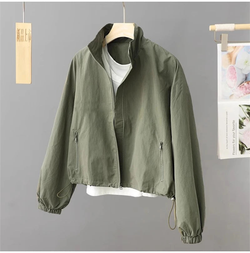 Spring Autumn Thin Cardigan Jacket Women's 2025 Jackets Zipper Long Sleeve Simple Fashionable Solid High-necked Female Coat Tops