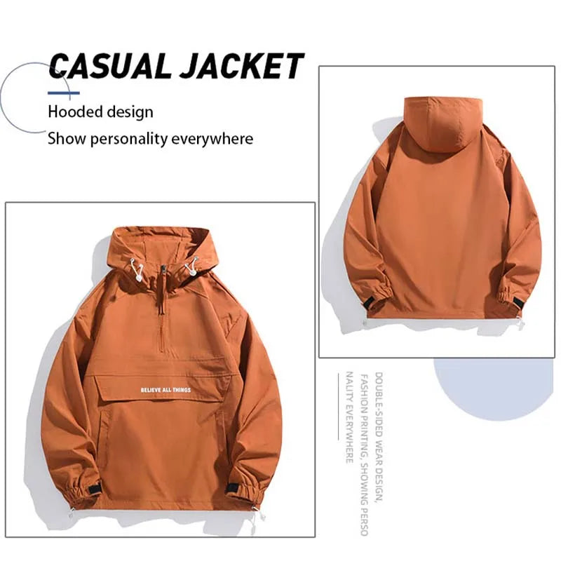 New Men Spring Autumn Waterproof Casual Versatile Top Japanese Korean Streetwear Fashion Loose Pullover Half Zip Hooded Jacket