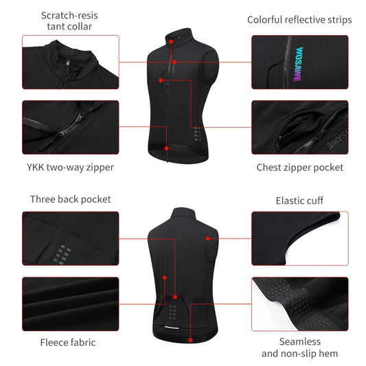 WOSAWE Thermal Winter Cycling Vest Windproof Bike Jacket Sleeveless Windbreaker Back Pockets for Men and Women