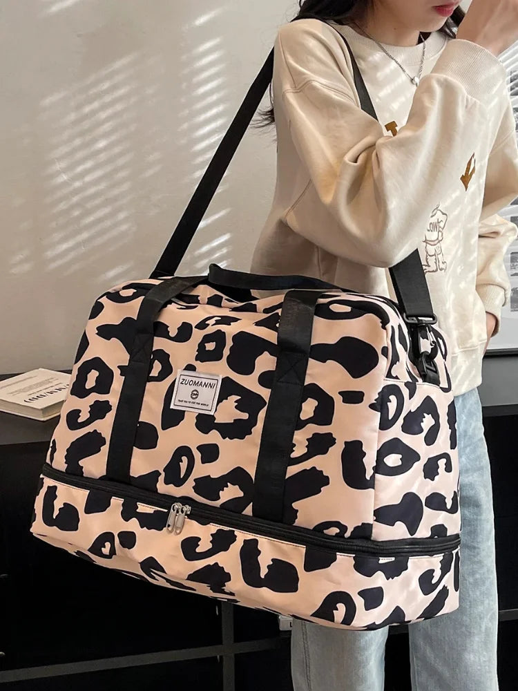 Spacious & Durable Women's Carry-On Travel Bag with Animal Print Nylon Large Capacity Sports Gym Bag Weekend Overnight Bag