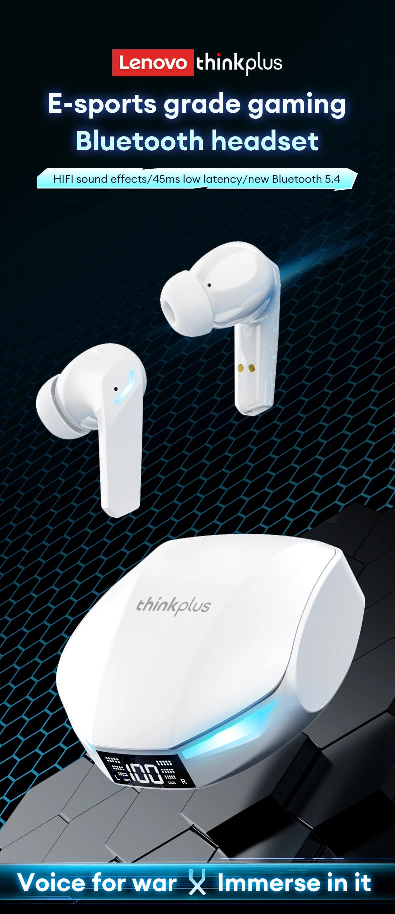 Original Lenovo XT53 Earphone Wireless Upgrade Bluetooth 5.4 Headphones Noise Reduction LED Earbuds Low Latency Gaming Headset