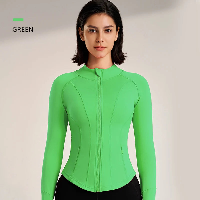 Women's Sport Jackets Zipper Slim Yoga Coat Quick Dry Running Jacket Elastic Long Sleeve Thumb Hole Gym Fitness Top
