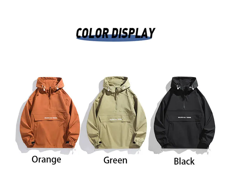 New Men Spring Autumn Waterproof Casual Versatile Top Japanese Korean Streetwear Fashion Loose Pullover Half Zip Hooded Jacket