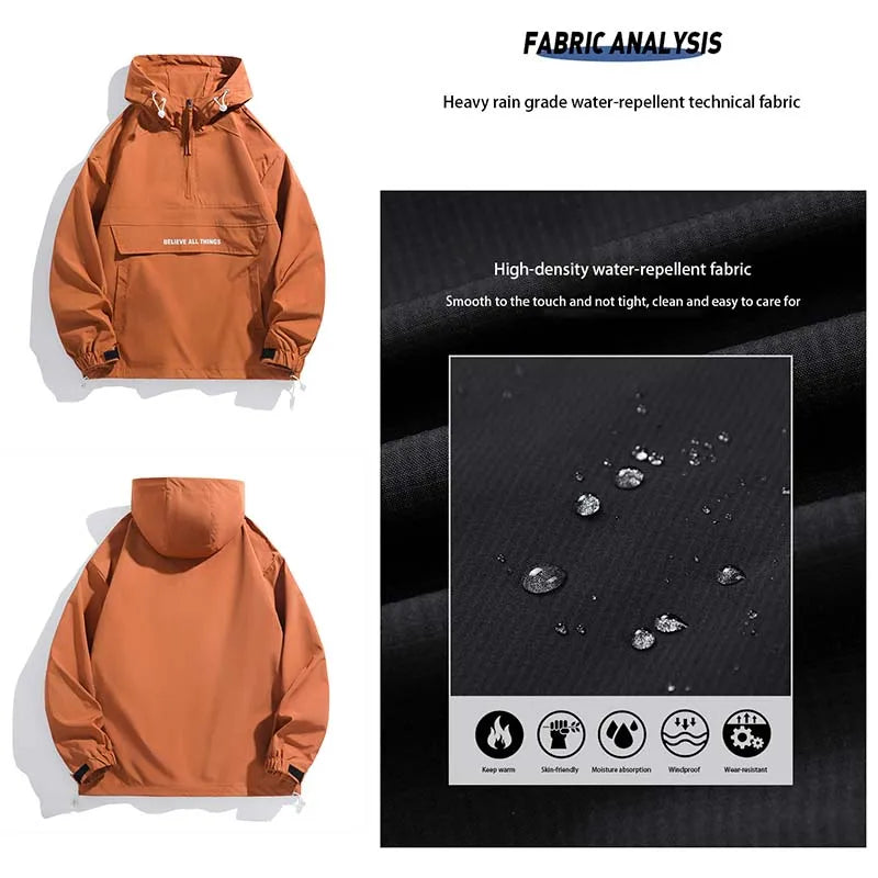 New Men Spring Autumn Waterproof Casual Versatile Top Japanese Korean Streetwear Fashion Loose Pullover Half Zip Hooded Jacket