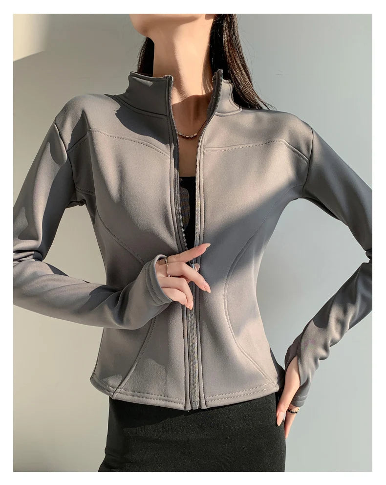 slim fit long sleeves jacket full-zipper fleece warm winter thick coat outer wear women gym fitness yoga tops