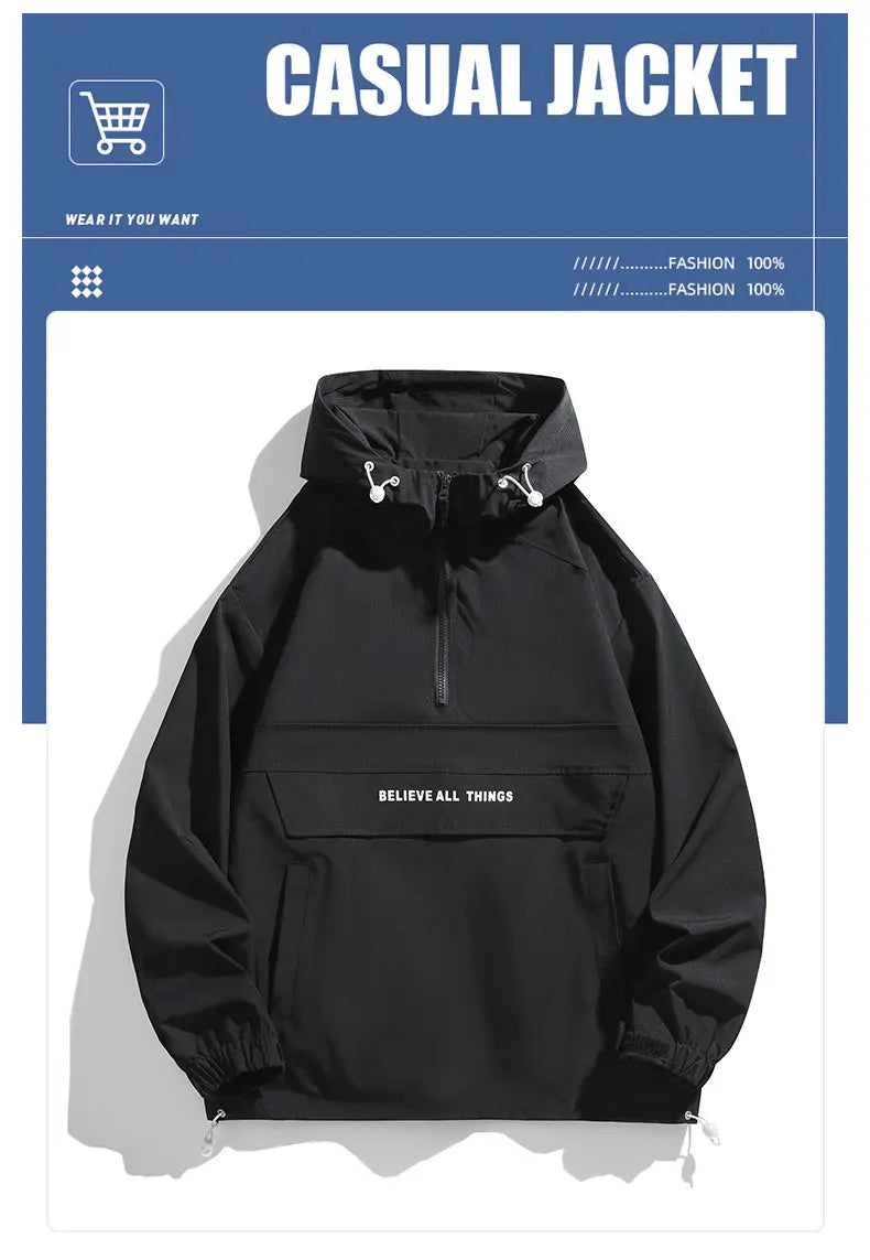New Men Spring Autumn Waterproof Casual Versatile Top Japanese Korean Streetwear Fashion Loose Pullover Half Zip Hooded Jacket