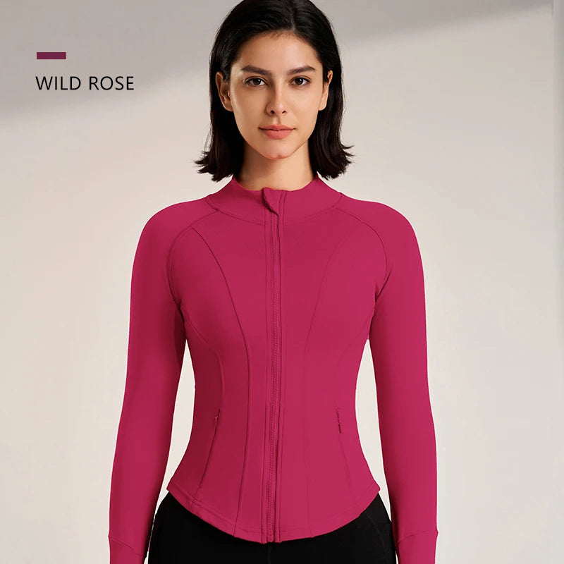 Women's Sport Jackets Zipper Slim Yoga Coat Quick Dry Running Jacket Elastic Long Sleeve Thumb Hole Gym Fitness Top