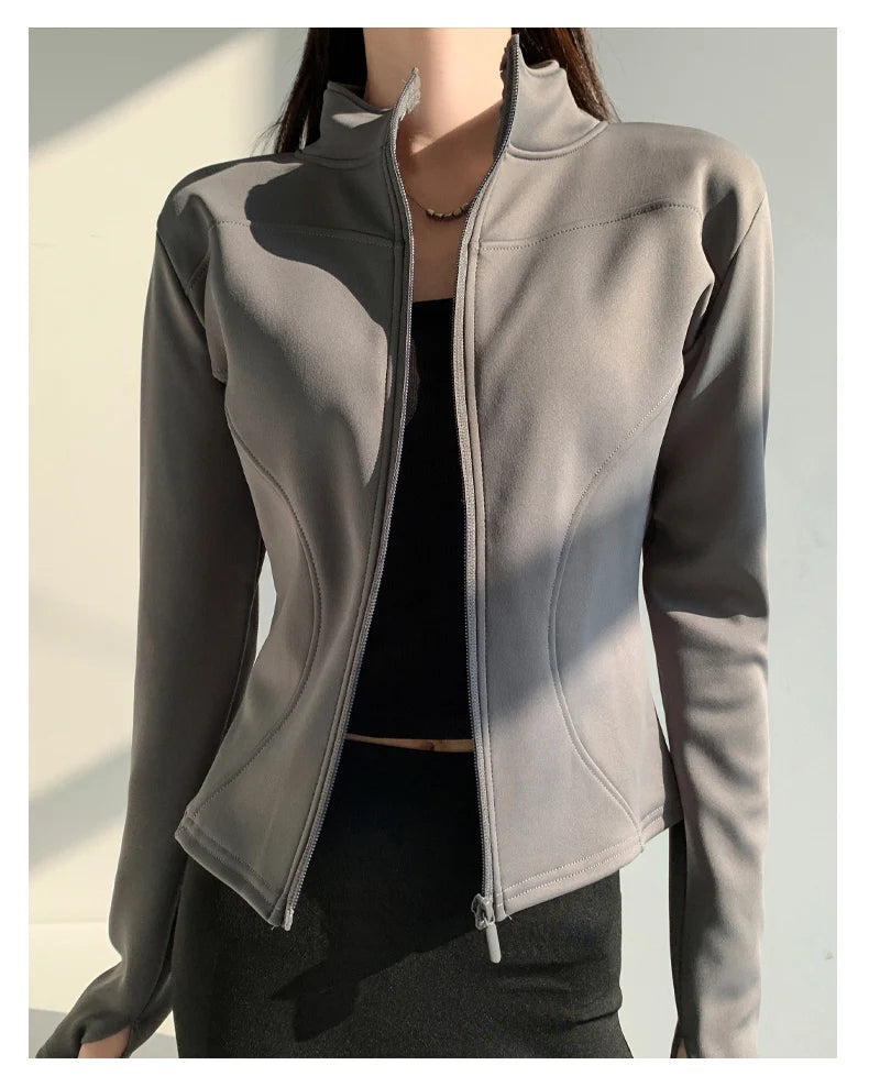 slim fit long sleeves jacket full-zipper fleece warm winter thick coat outer wear women gym fitness yoga tops