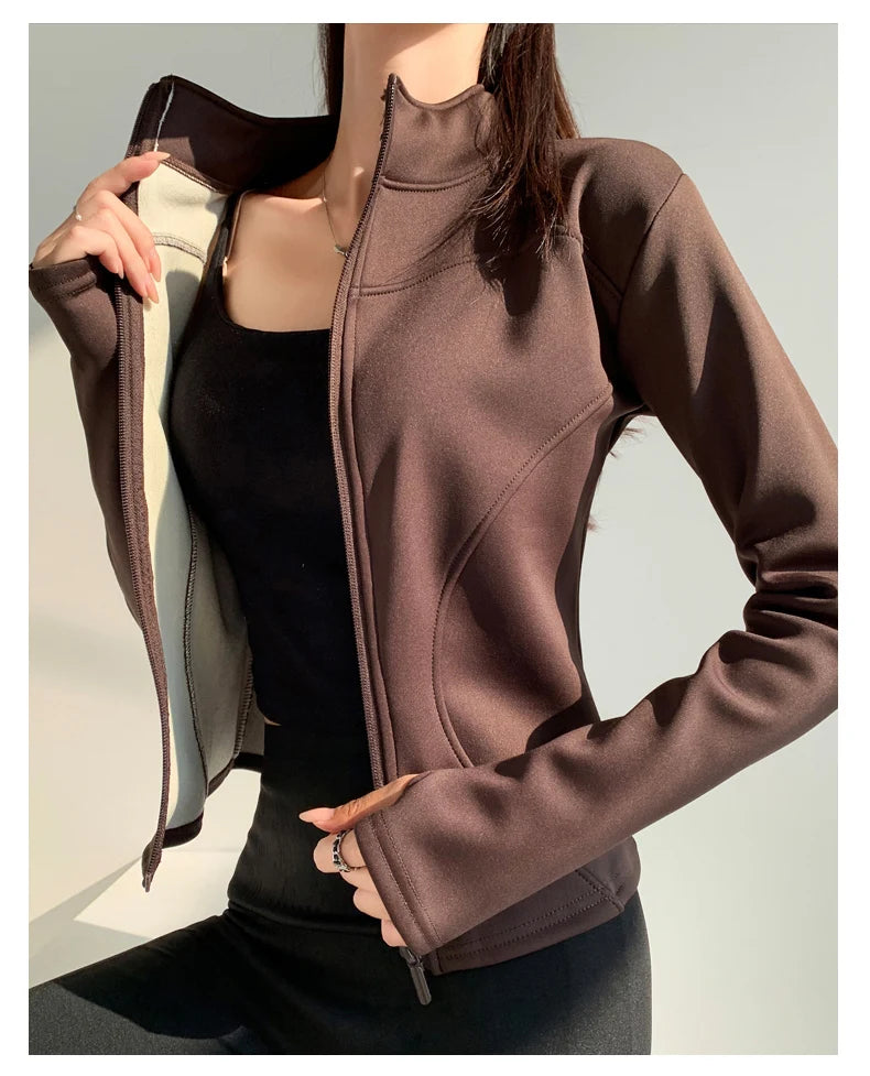 slim fit long sleeves jacket full-zipper fleece warm winter thick coat outer wear women gym fitness yoga tops