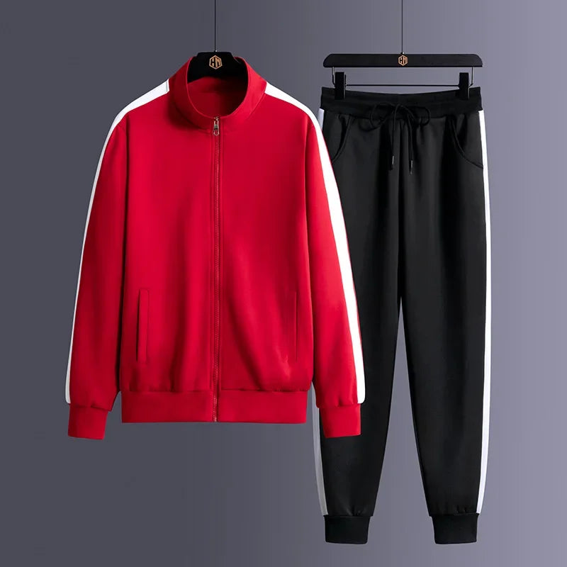 2024 Autumn Korean Tracksuit Men Zip Pocket Running Sets Striped Sporting Suit Jacket+ Sweatpants Jogging Fitness Clothing