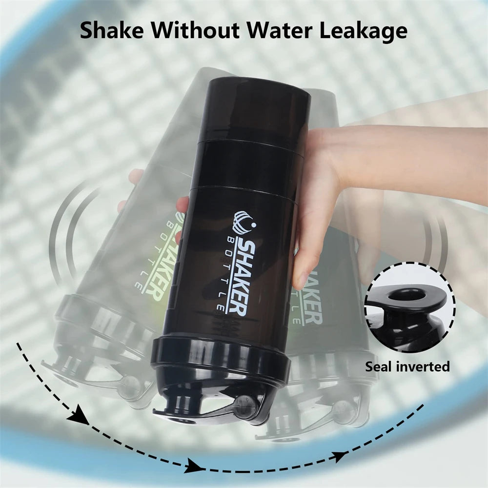 1pc Protein Shaker Bottle Portable 16oz Powder Shake Cup 3 Layers Shaker Protein Bottle with 3oz twist-off cups & pill tray