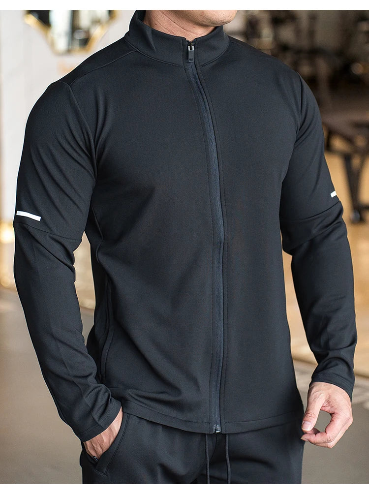 Men's Sports Fitness Casual Tops Long Sleeve Stand Up Collar Solid Colour Jacket Jogging Workout Sweatshirt with Zip Running