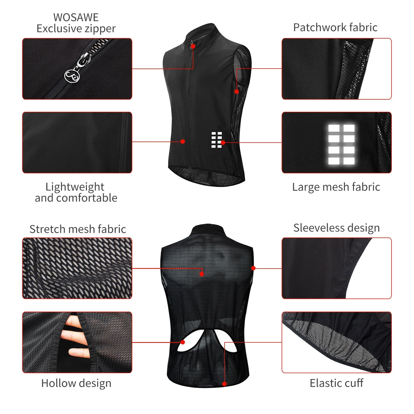 WOSAWE Lightweight Cycling Vest Men Women Reflective Windproof MTB Bike Windbreaker Mesh Back Running Gilet Wind Vest Jacket