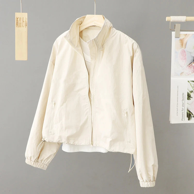 Spring Autumn Thin Cardigan Jacket Women's 2025 Jackets Zipper Long Sleeve Simple Fashionable Solid High-necked Female Coat Tops